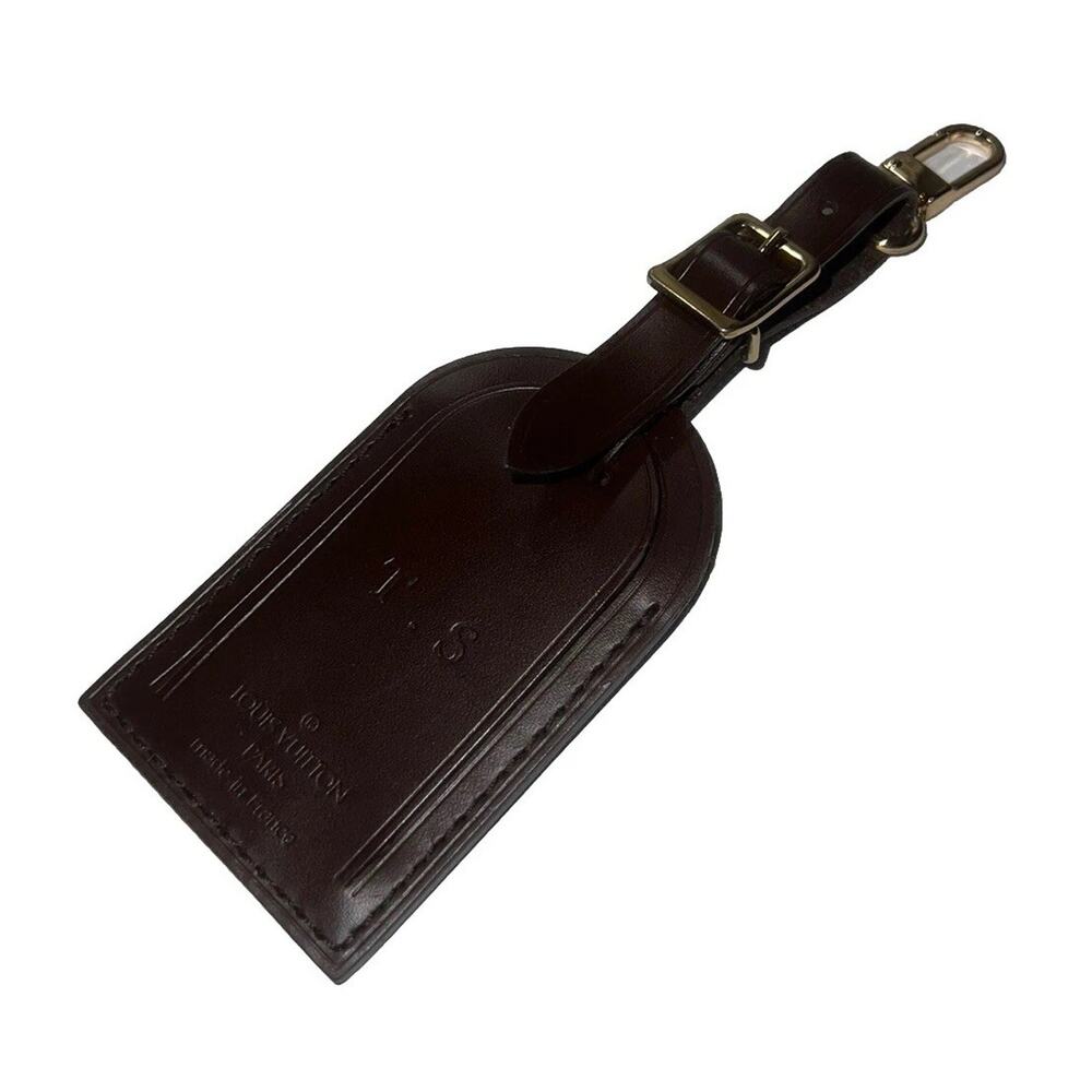 Louis Vuitton Name Tag w/ TS Initials Damier Ebene Goldtone Metal Brown Leather